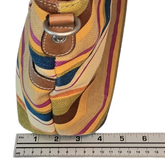 Striped Canvas Clutch Purse Wooden Handles Tan Blue Brown Summer Relic Brand - Picture 13 of 14